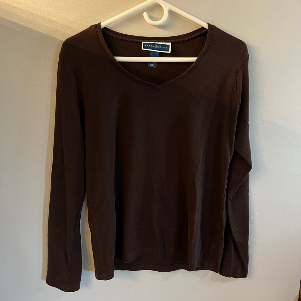Karen Scott Dark Brown V-Neck 100% Cotton Tee